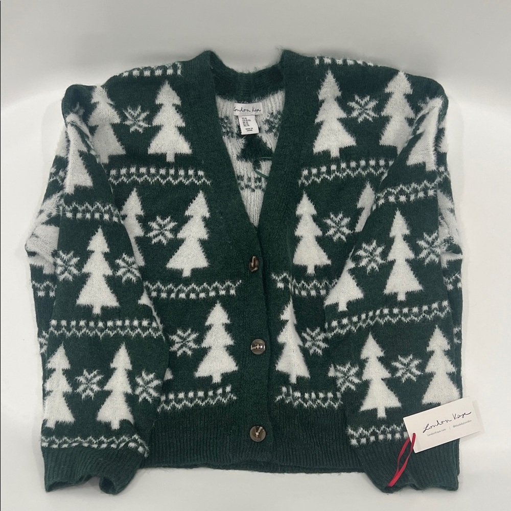 London Kaye Green Cardigan with White Pattern. XL NWT
